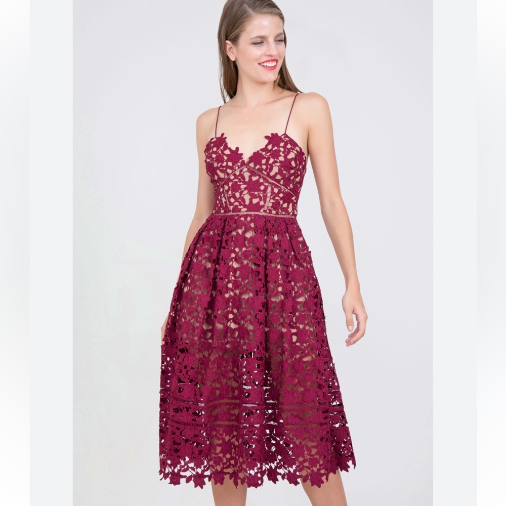 Self-Portrait Azalea Guipure Lace Burgundy Midi-Dress. NWT